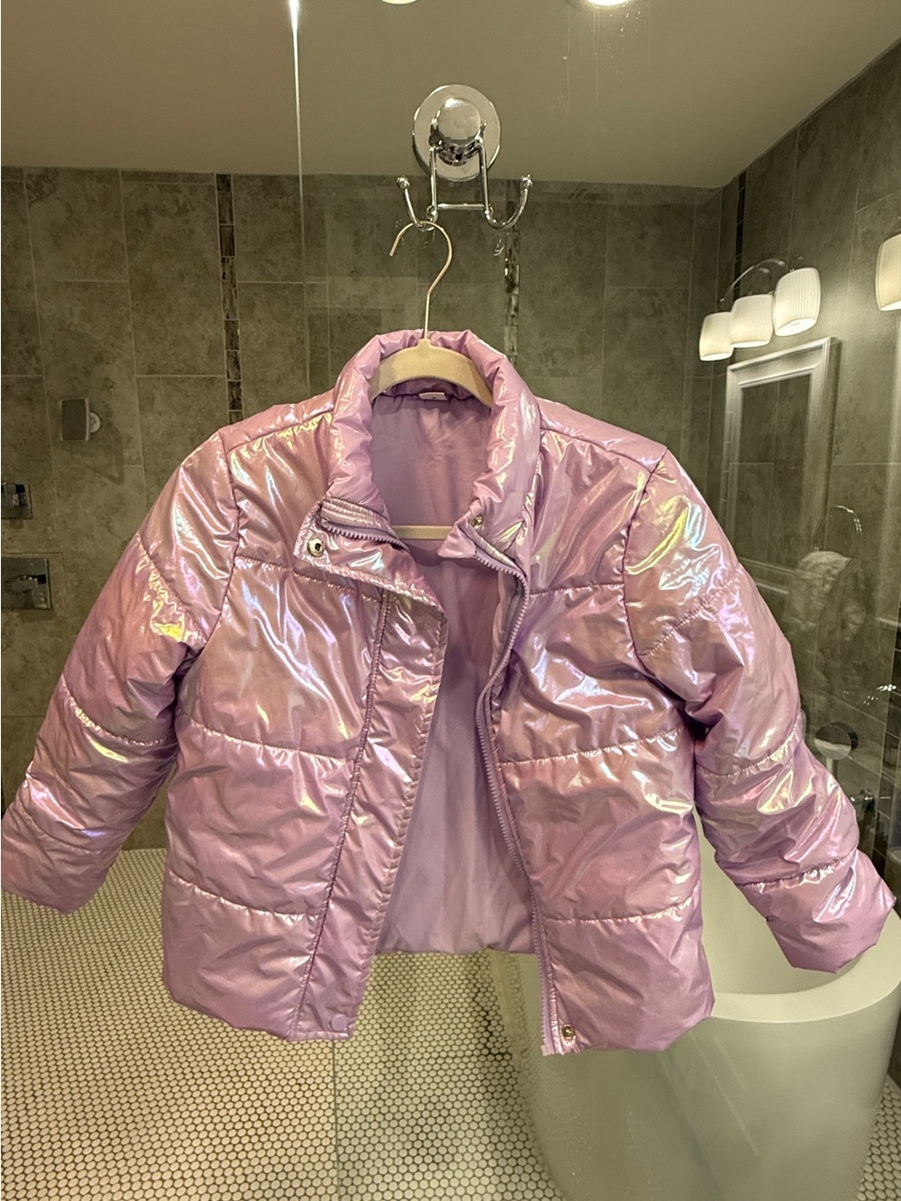 Girls' Shiny Purple Iridescent Puff Jacket - Quilted Winter Coat